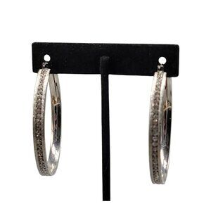 Rhinestone Glittery 2" Large Hoops Hinged Closure Silver Tone Vintage